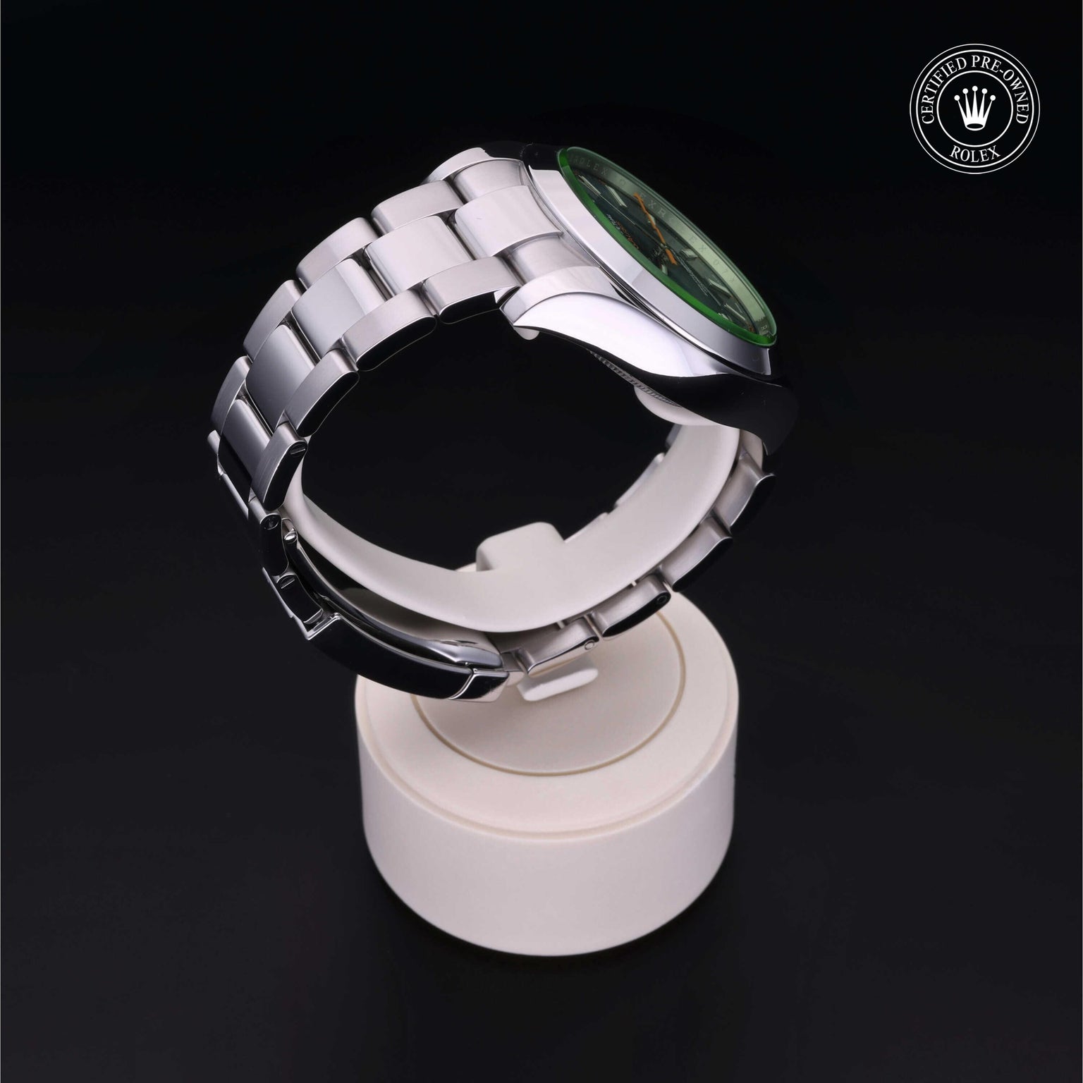 Rolex Certified Pre-owned Milgauss M116400GV-0002 front on black background