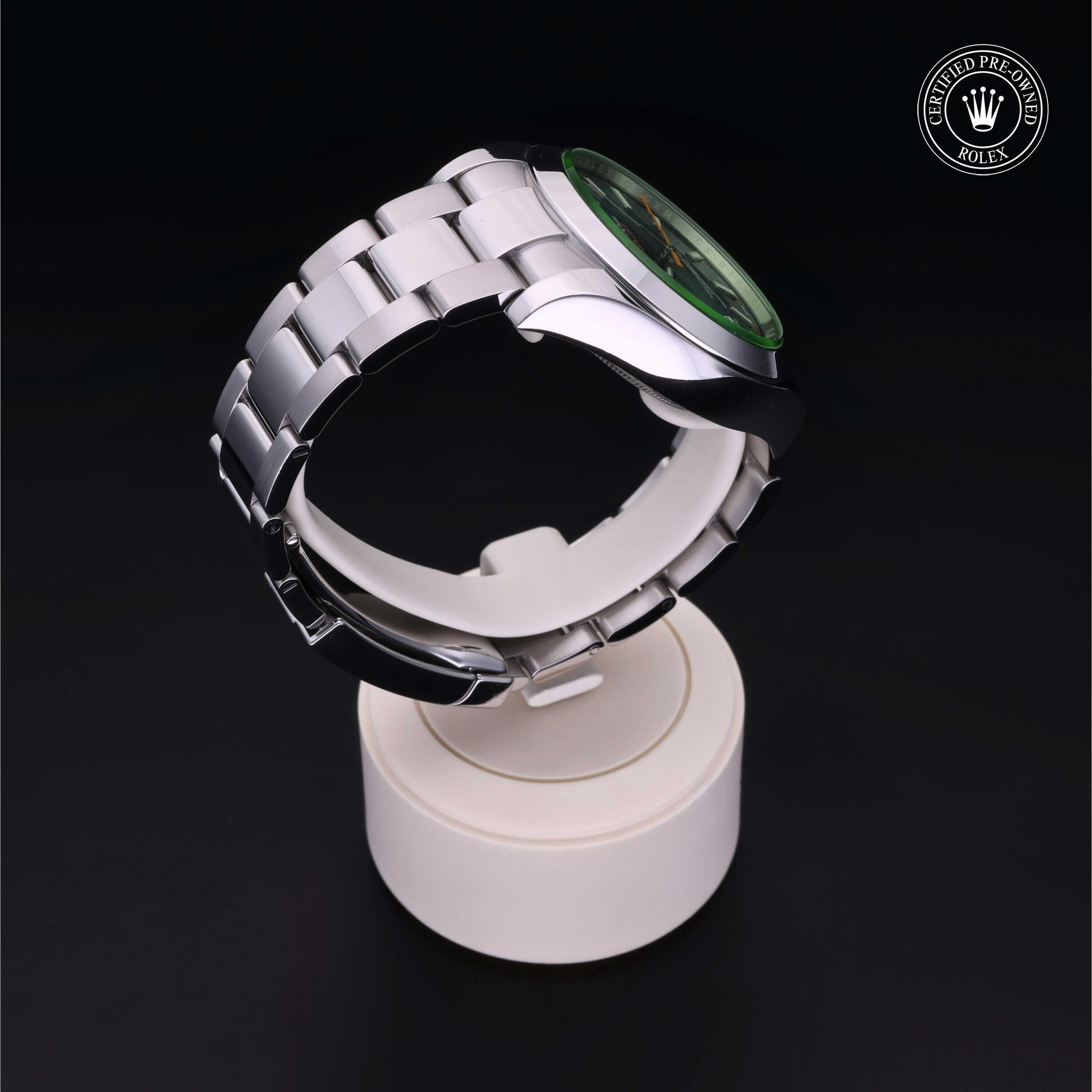 Rolex Certified Pre-owned Milgauss M116400GV-0002 front on black background