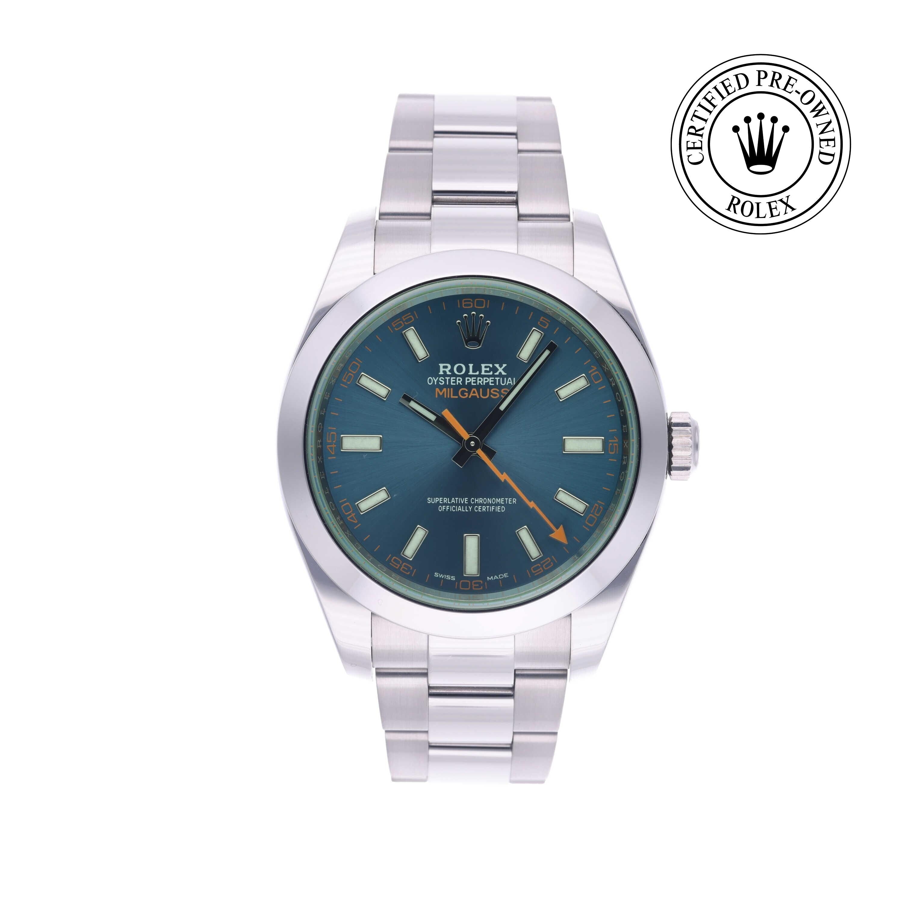 Rolex Certified Pre-owned Milgauss M116400GV-0002 front on white background