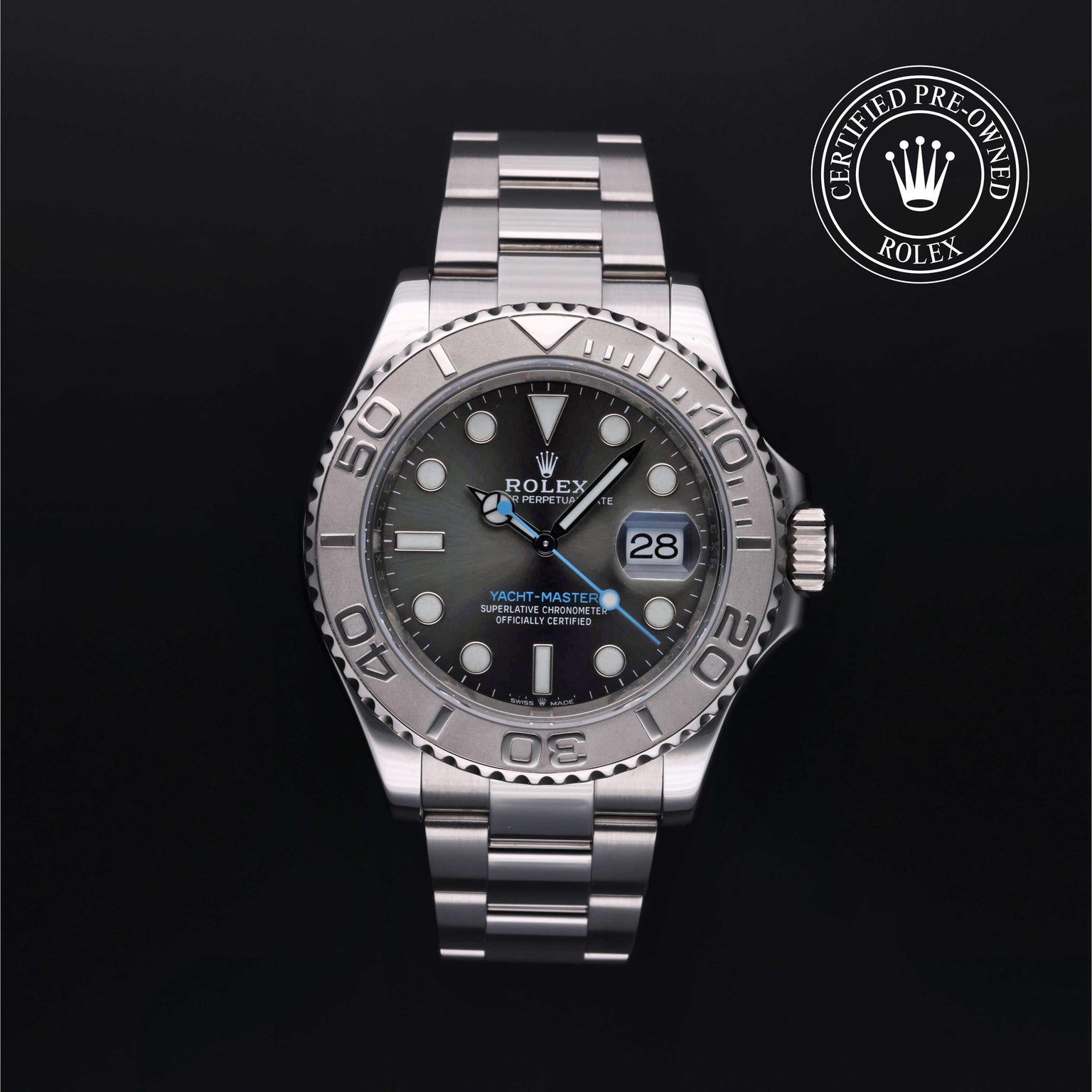 Rolex Certified Pre-owned Yacht-Master M126622-0001 front on black background