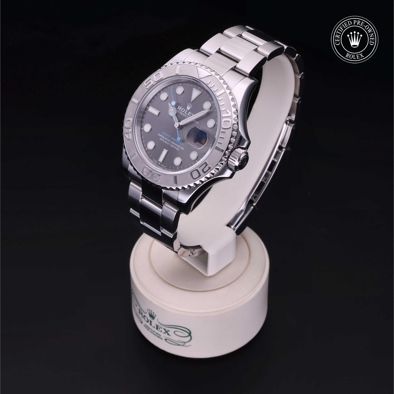 Rolex Certified Pre-owned Yacht-Master M126622-0001 front on black background