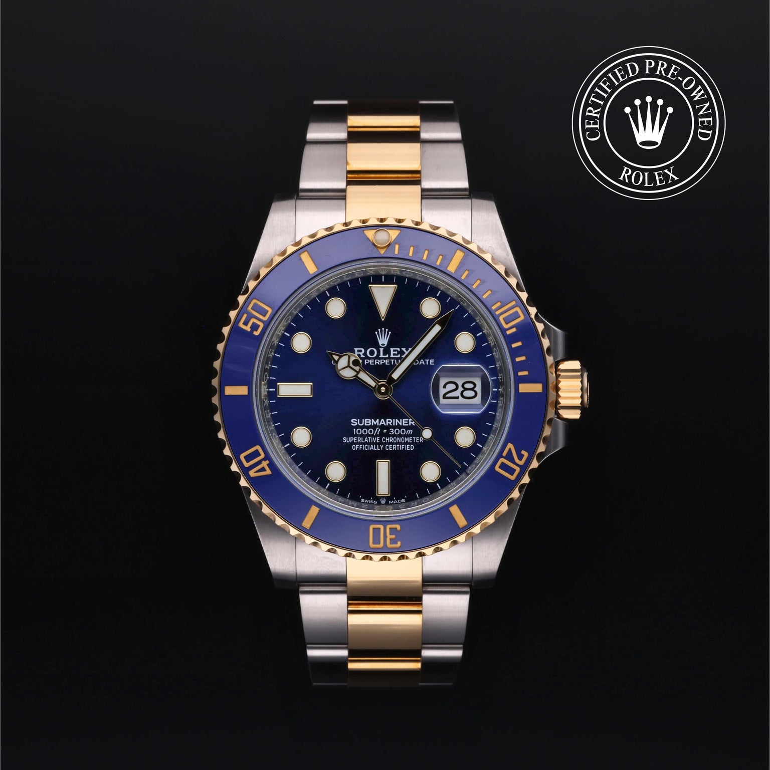 Rolex Certified Pre-owned Submariner M126613LB-0002 front on black background