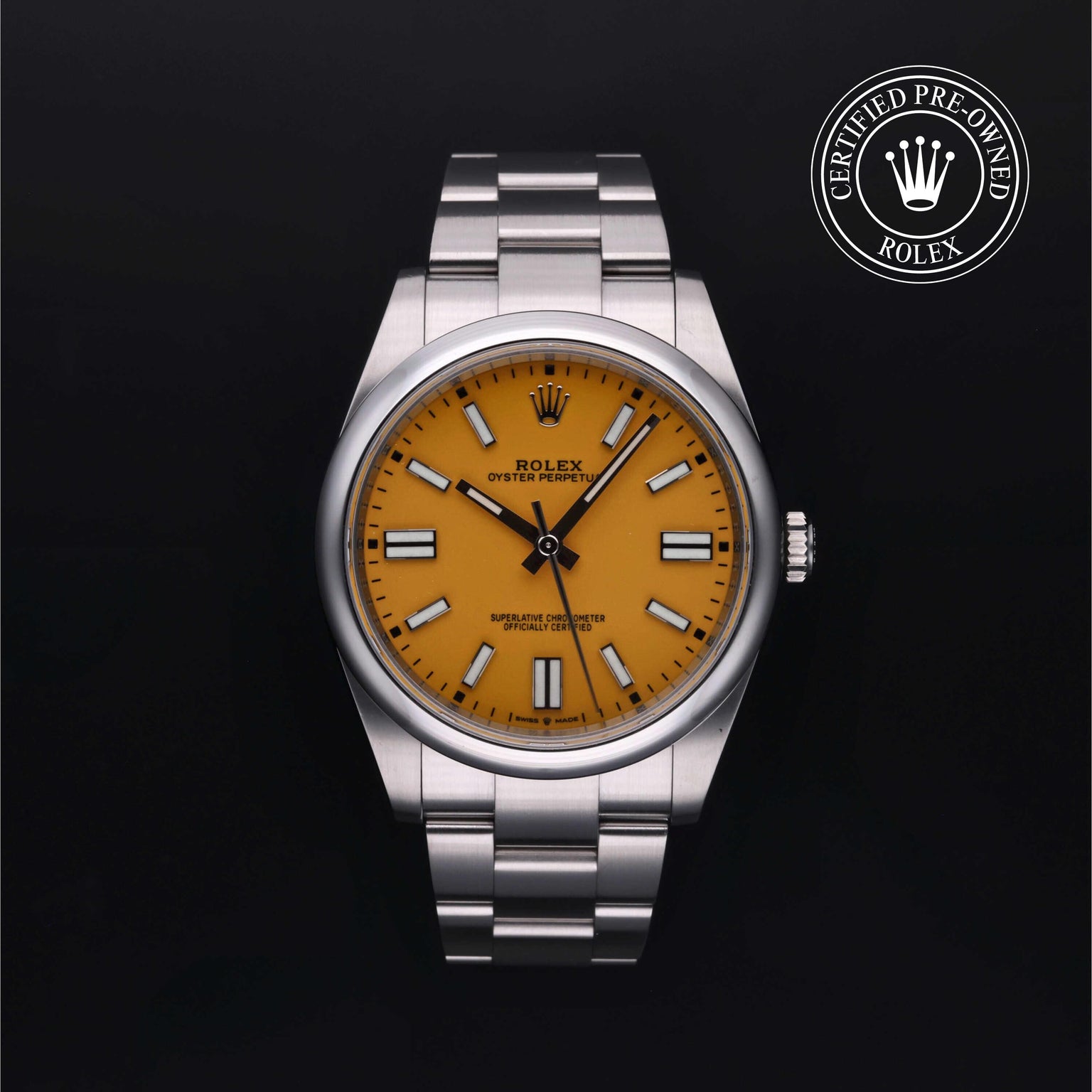 Rolex Certified Pre-owned Oyster Perpetual M124300-0004 front on black background