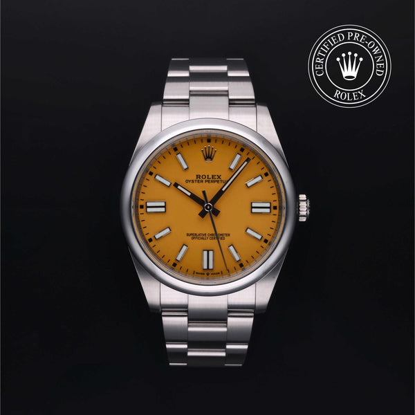 Rolex Certified Pre-owned Oyster Perpetual M124300-0004 front on black background