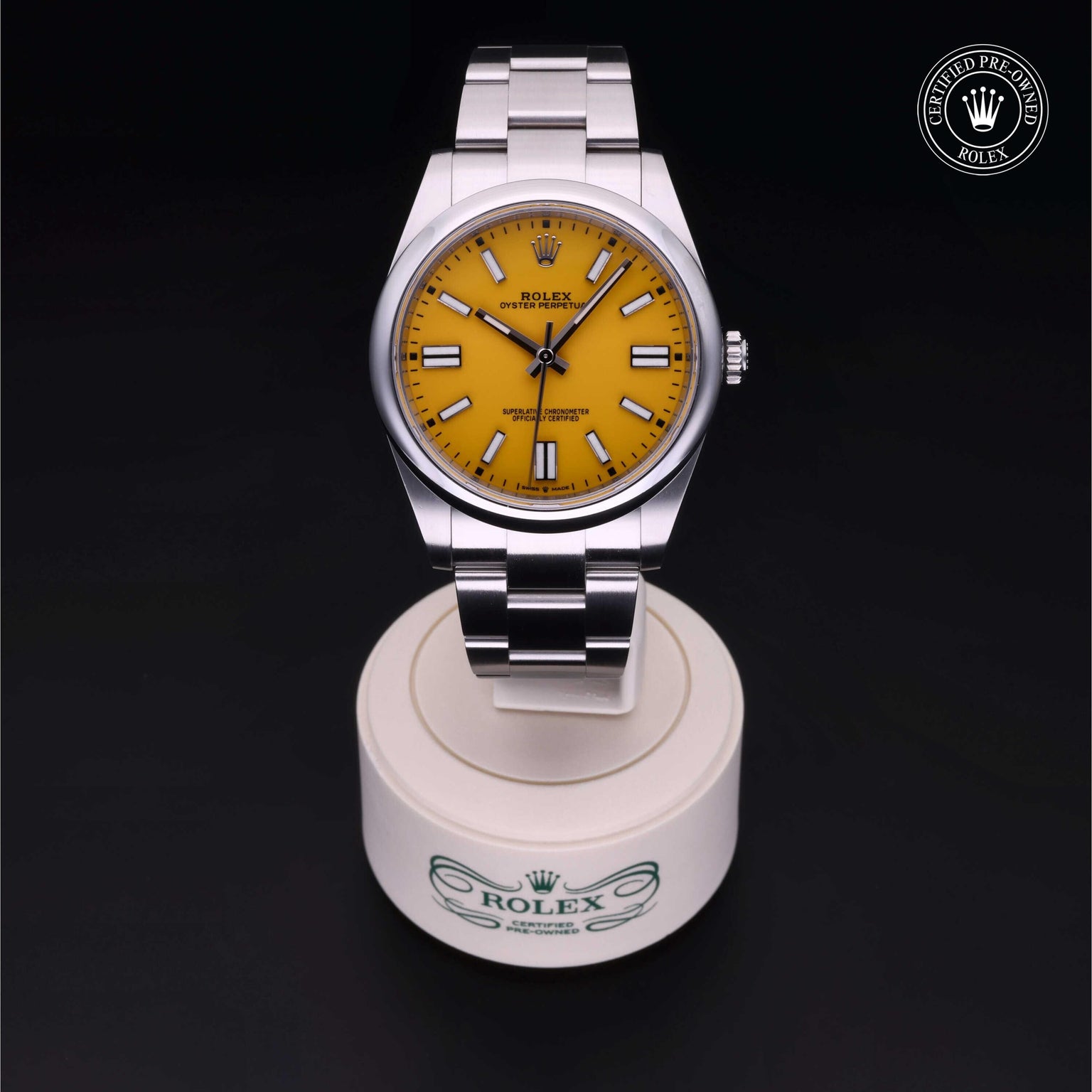 Rolex Certified Pre-owned Oyster Perpetual M124300-0004 front on black background