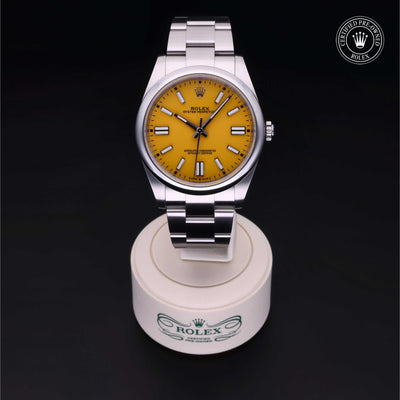 Rolex Certified Pre-owned Oyster Perpetual M124300-0004 front on black background