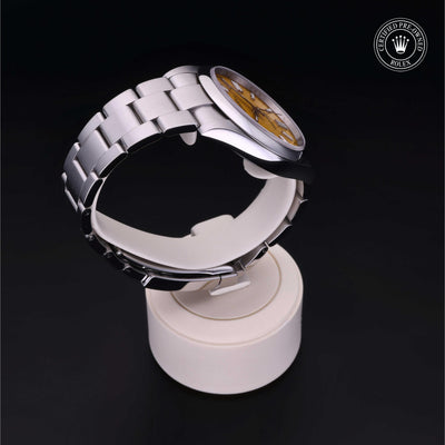 Rolex Certified Pre-owned Oyster Perpetual M124300-0004 front on black background