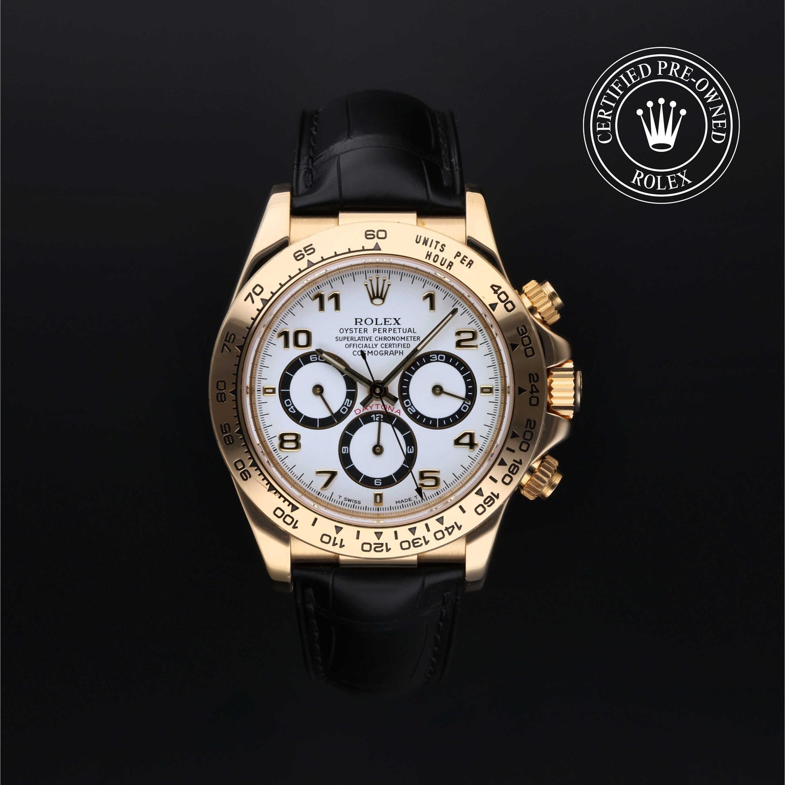 Rolex Certified Pre-owned Daytona M16518-0002 front on black background