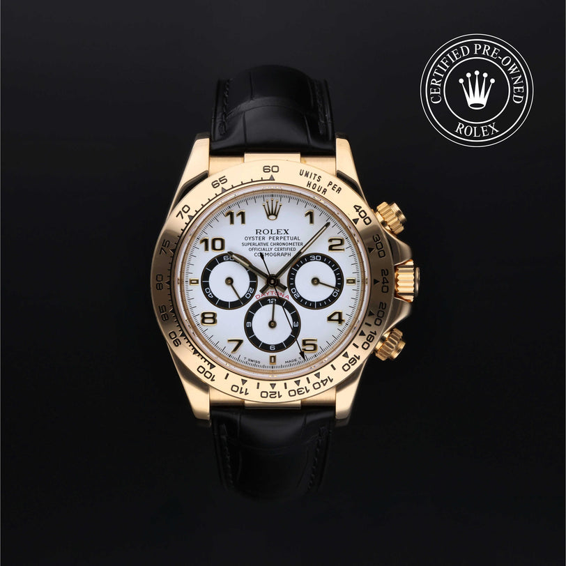 Rolex Certified Pre-owned Daytona M16518-0002 front on black background
