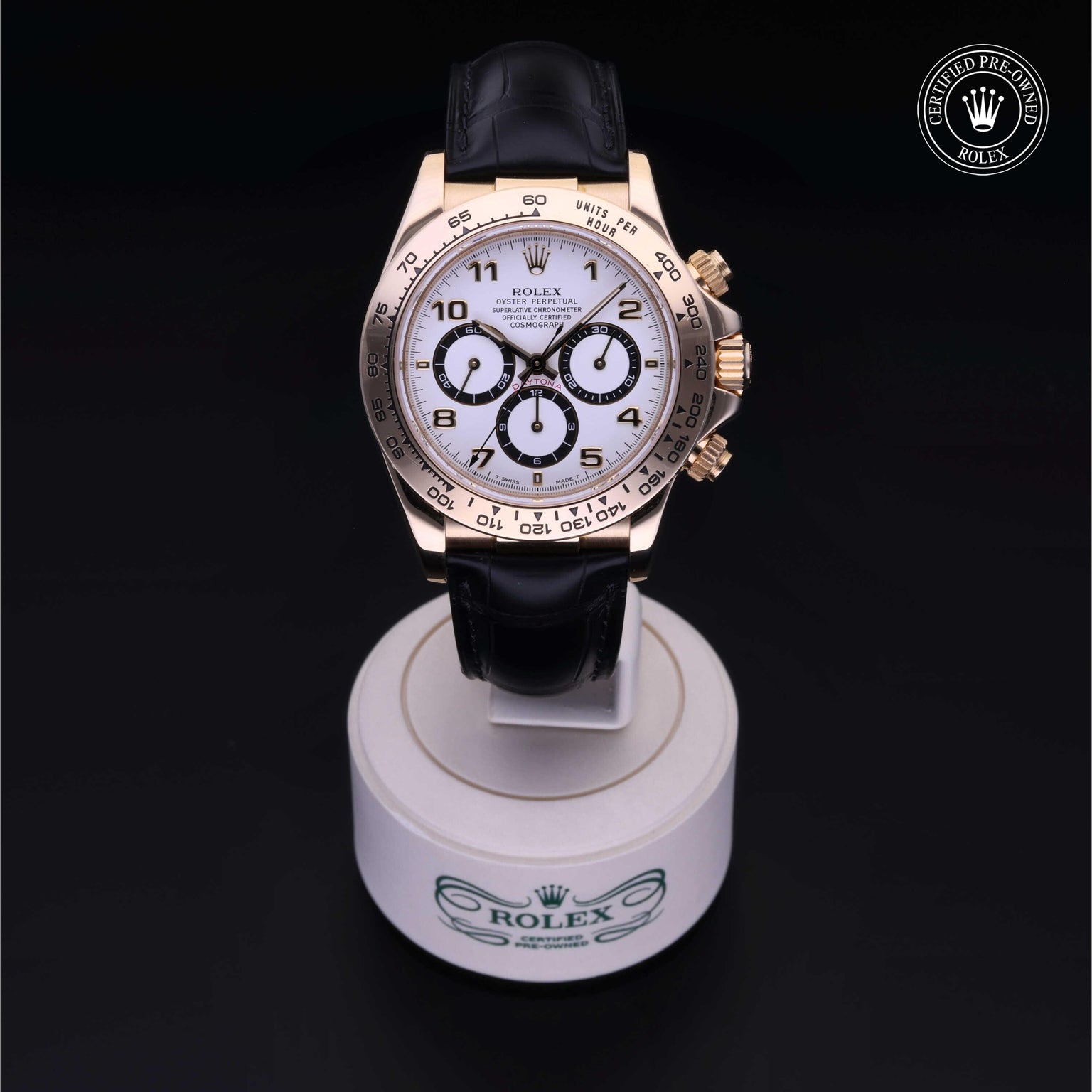 Rolex Certified Pre-owned Daytona M16518-0002 front on black background