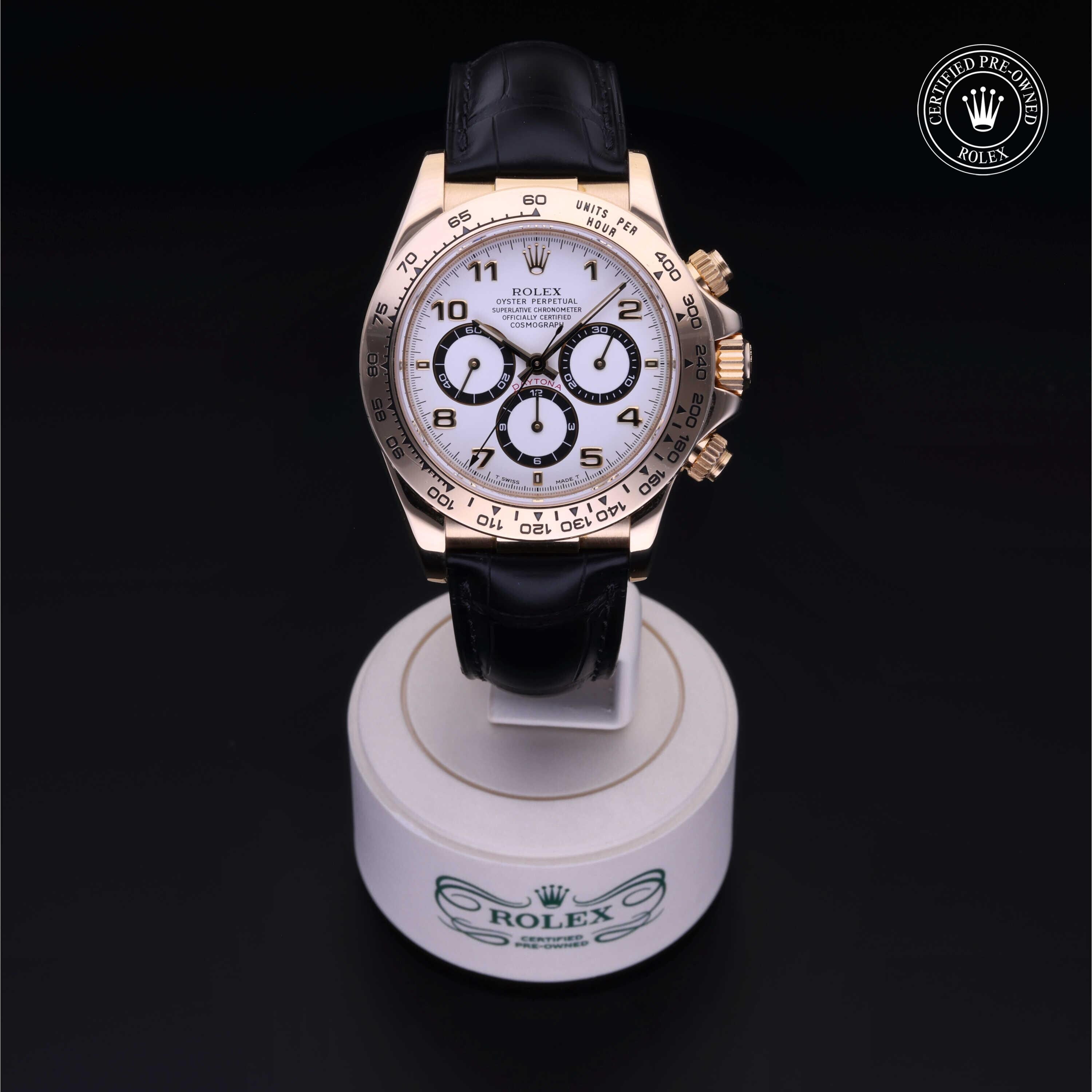 Rolex Certified Pre-owned Daytona M16518-0002 front on black background