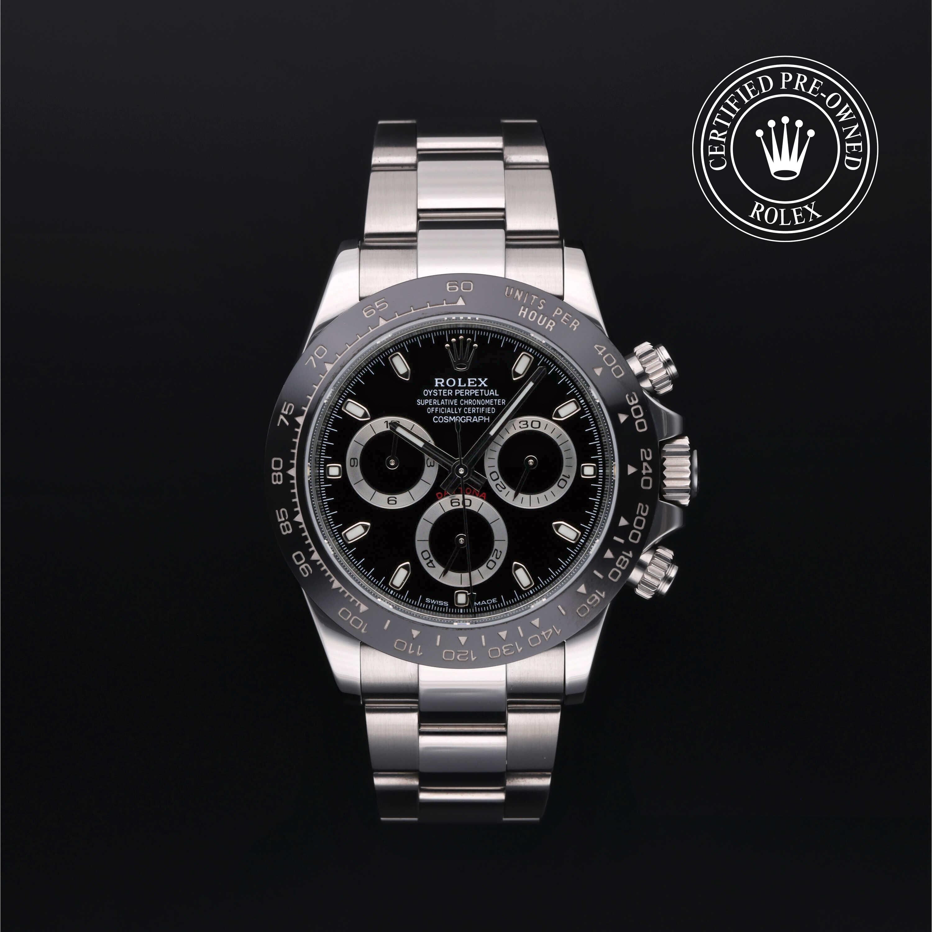 Rolex Certified Pre-owned Daytona M116500LN-0002 front on black background