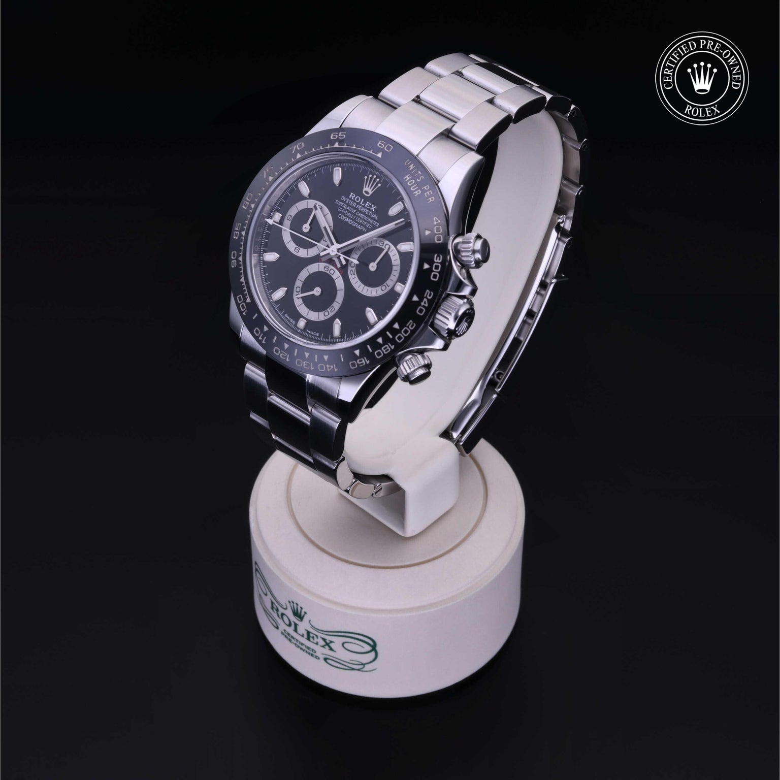 Rolex Certified Pre-owned Daytona M116500LN-0002 front on black background