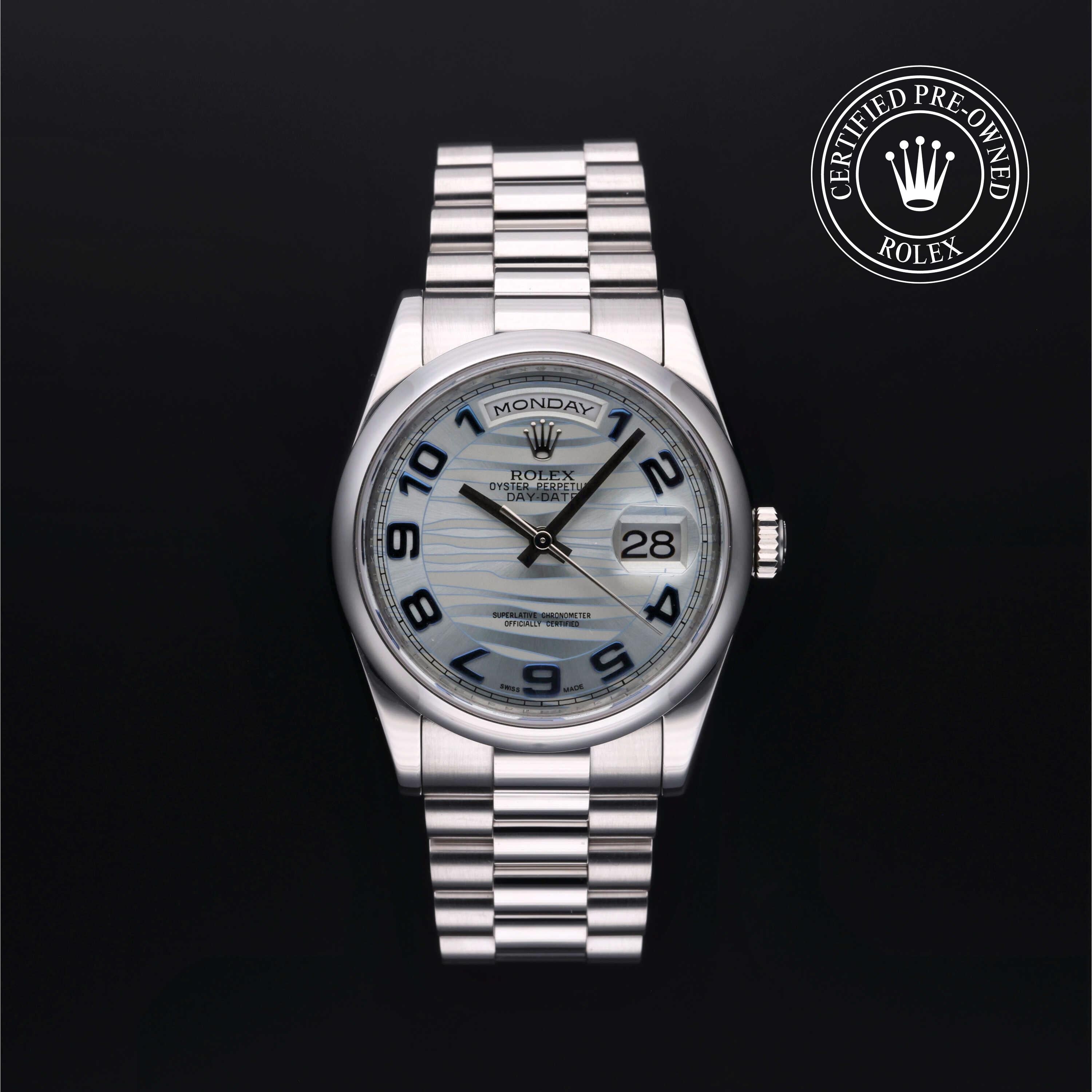 Rolex Certified Pre-owned Day-date M118206-0095 front on black background