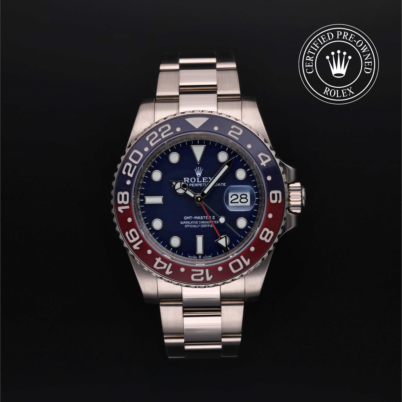 Rolex Certified Pre-owned GMT M126719BLRO-0003 front on black background