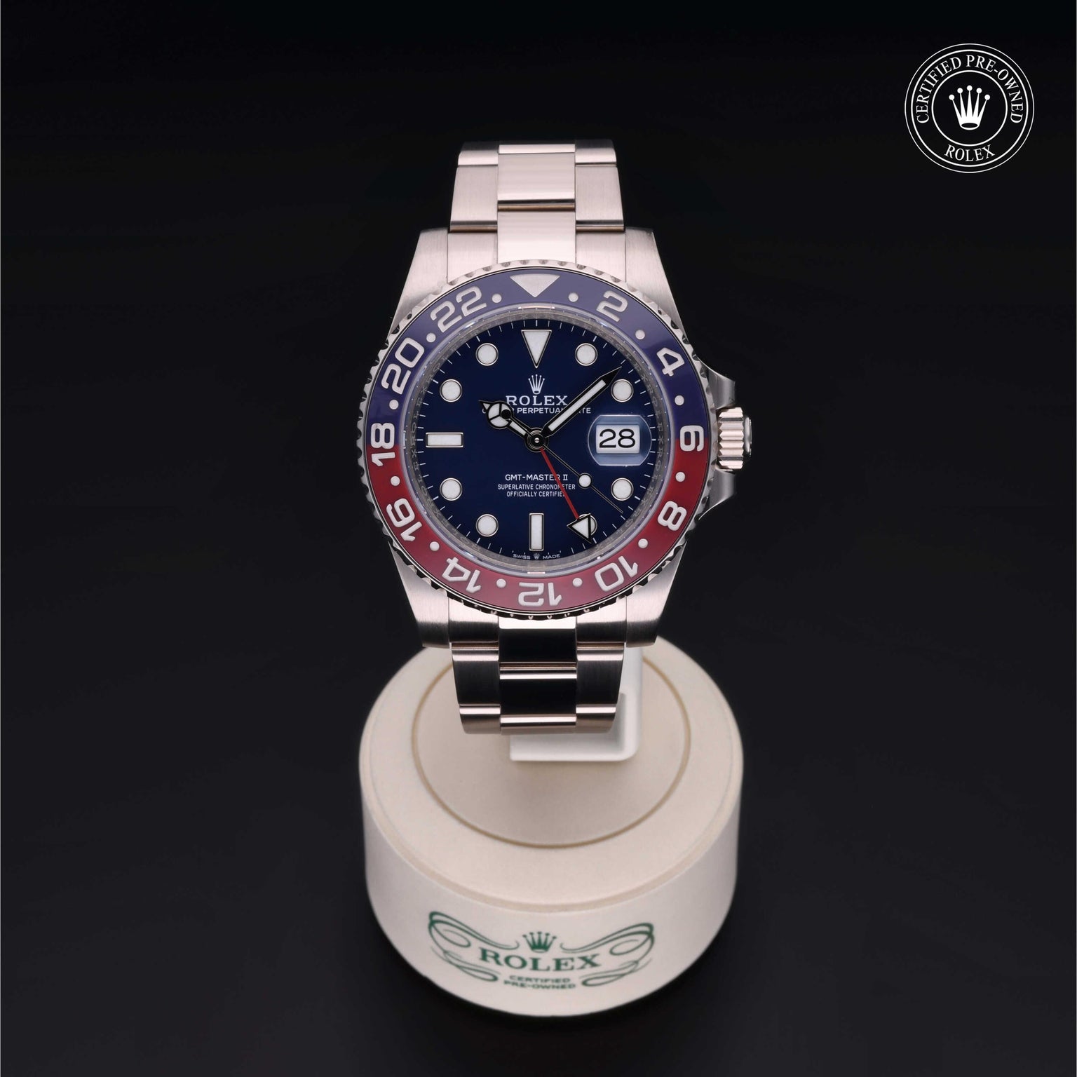 Rolex Certified Pre-owned GMT M126719BLRO-0003 front on black background