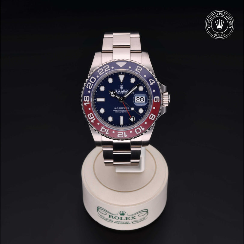 Rolex Certified Pre-owned GMT M126719BLRO-0003 front on black background