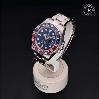 Rolex Certified Pre-owned GMT M126719BLRO-0003 front on black background