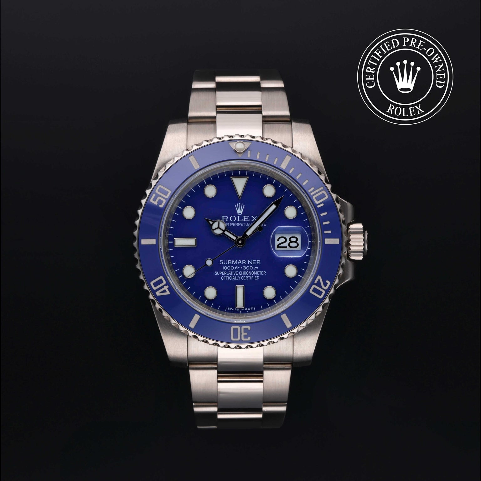 Rolex Certified Pre-owned Submariner M116619LB-0001 front on black background