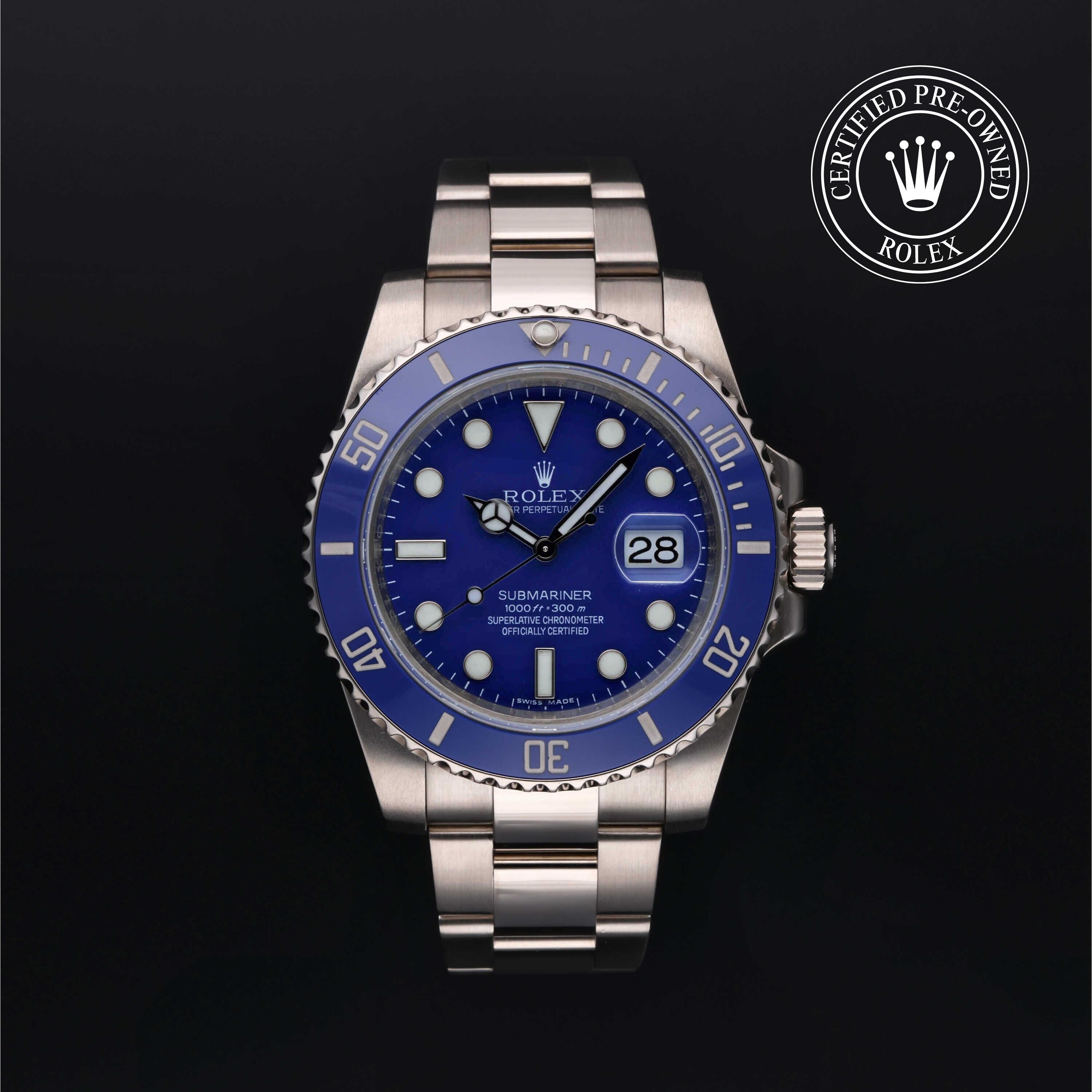 Rolex Certified Pre-owned Submariner M116619LB-0001 front on black background