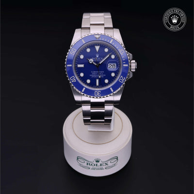 Rolex Certified Pre-owned Submariner M116619LB-0001 front on black background
