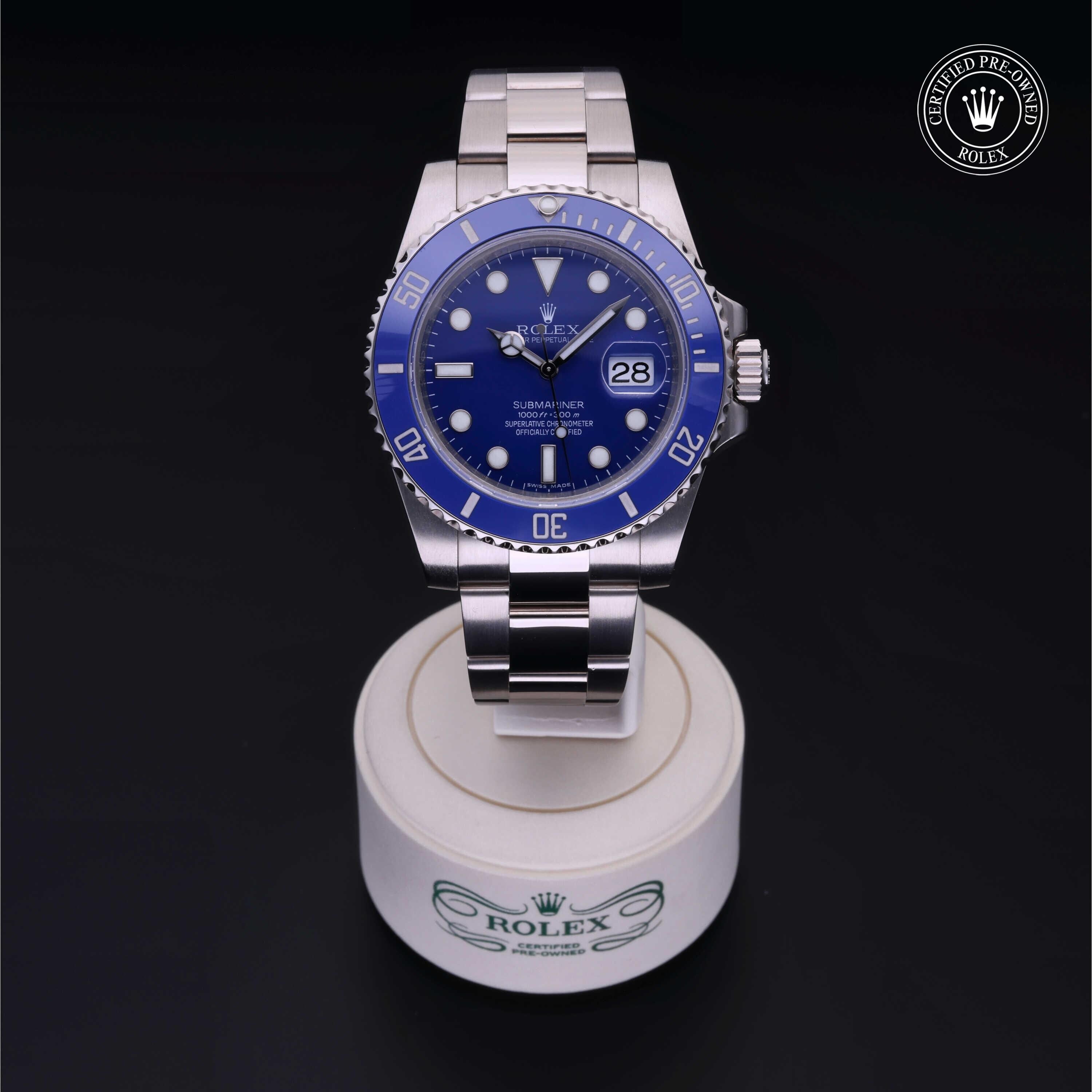 Rolex Certified Pre-owned Submariner M116619LB-0001 front on black background