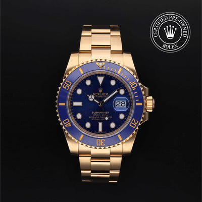 Rolex Certified Pre-owned Submariner M116618LB-0003 front on black background