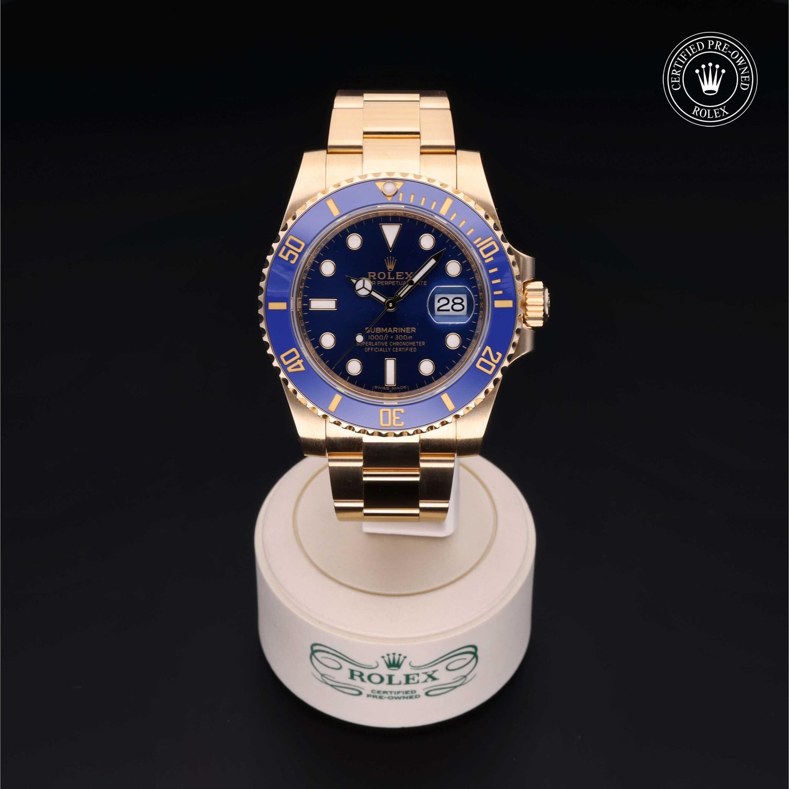 Rolex Certified Pre-owned Submariner M116618LB-0003 front on black background