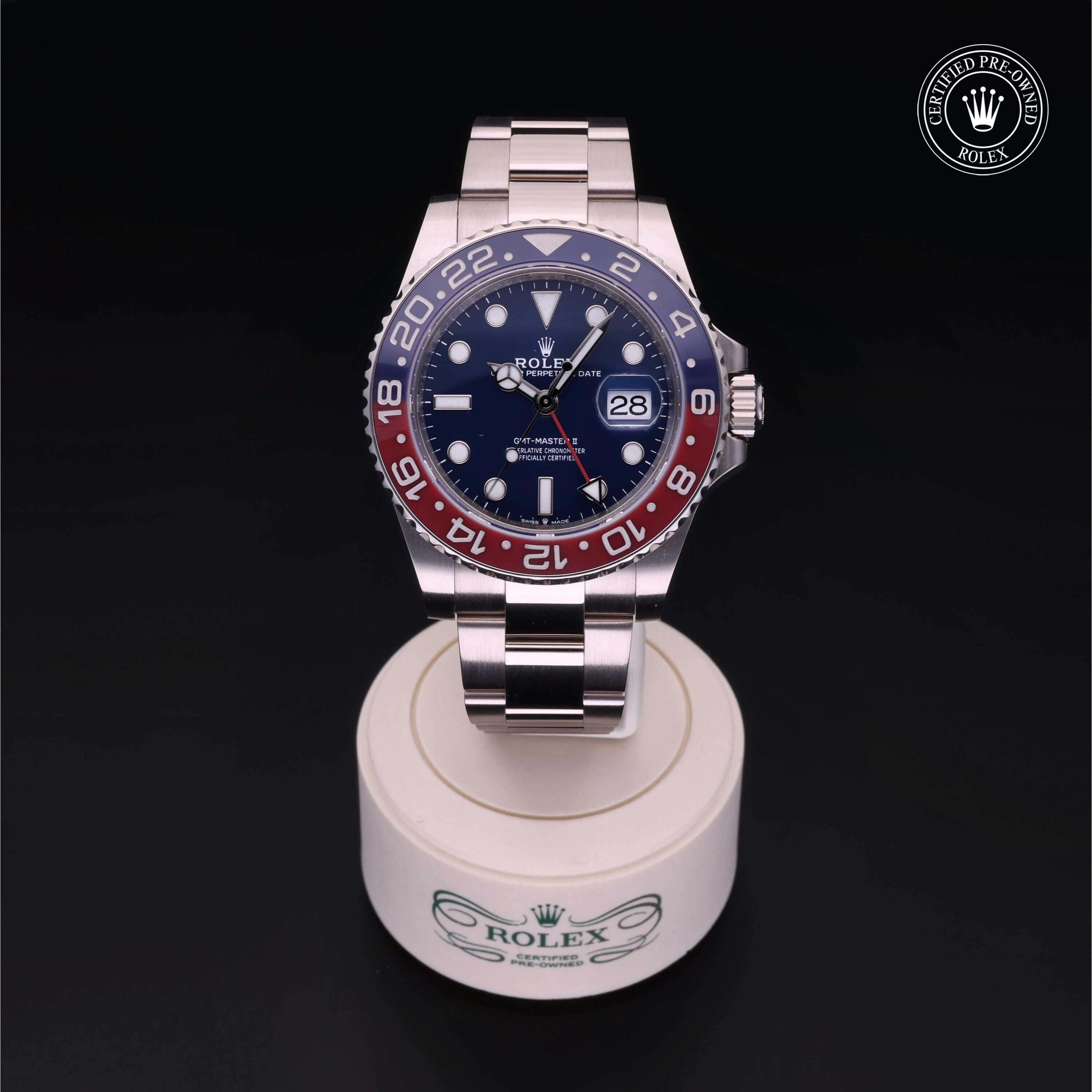 Rolex Certified Pre-owned GMT M126719BLRO-0003 front on black background