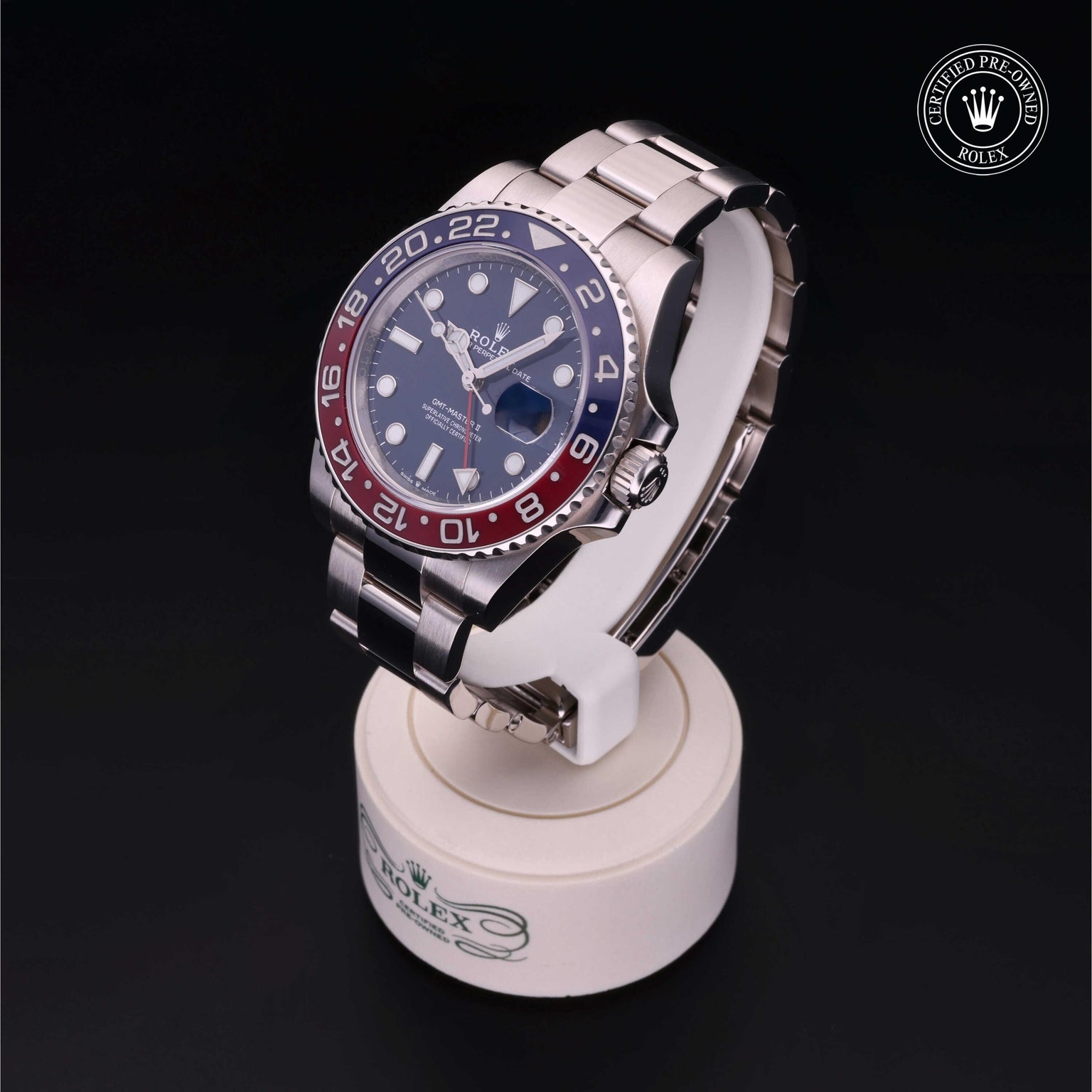 Rolex Certified Pre-owned GMT M126719BLRO-0003 front on black background
