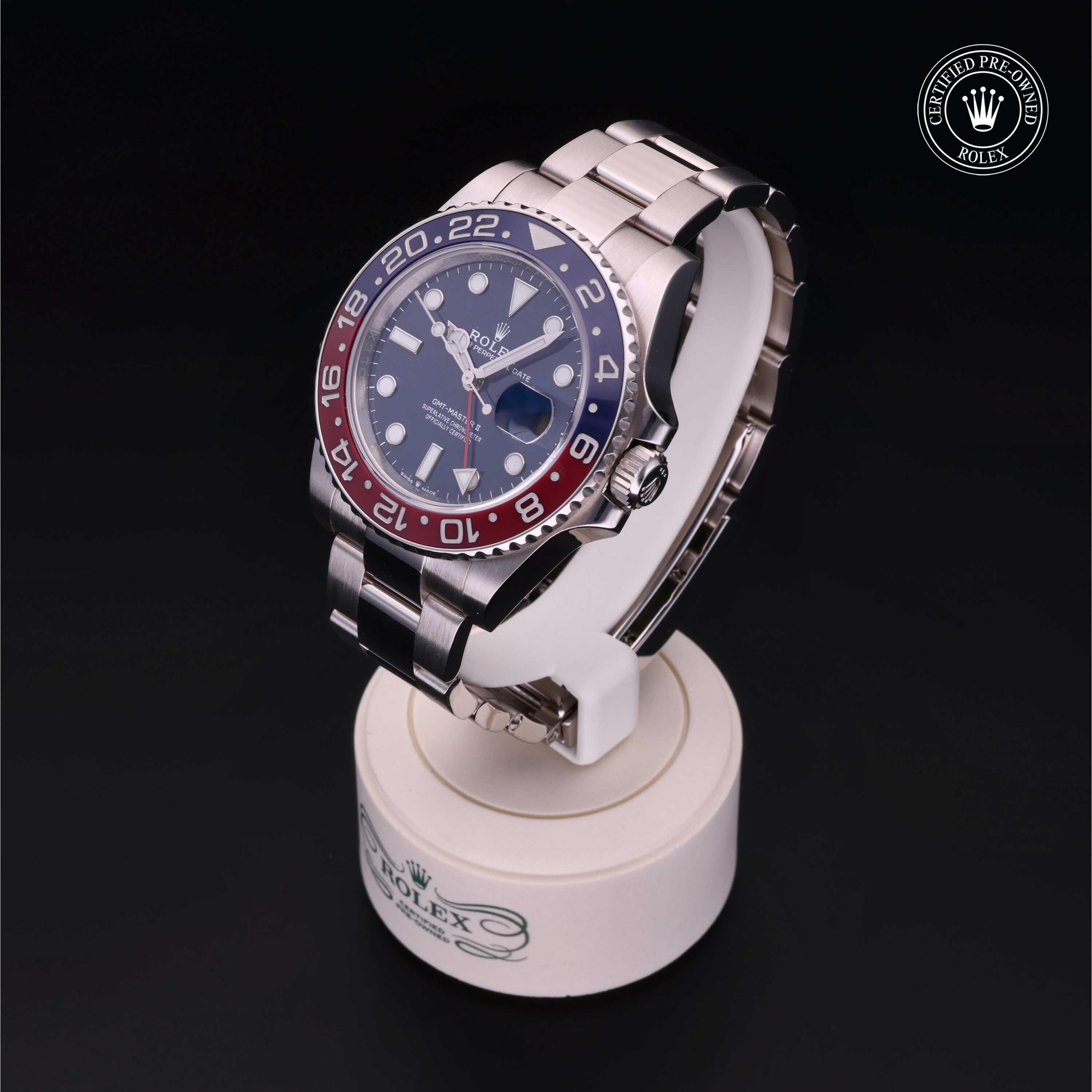 Rolex Certified Pre-owned GMT M126719BLRO-0003 front on black background