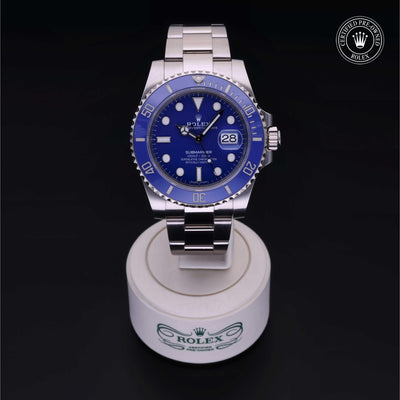 Rolex Certified Pre-owned Submariner M116619LB-0001 front on black background