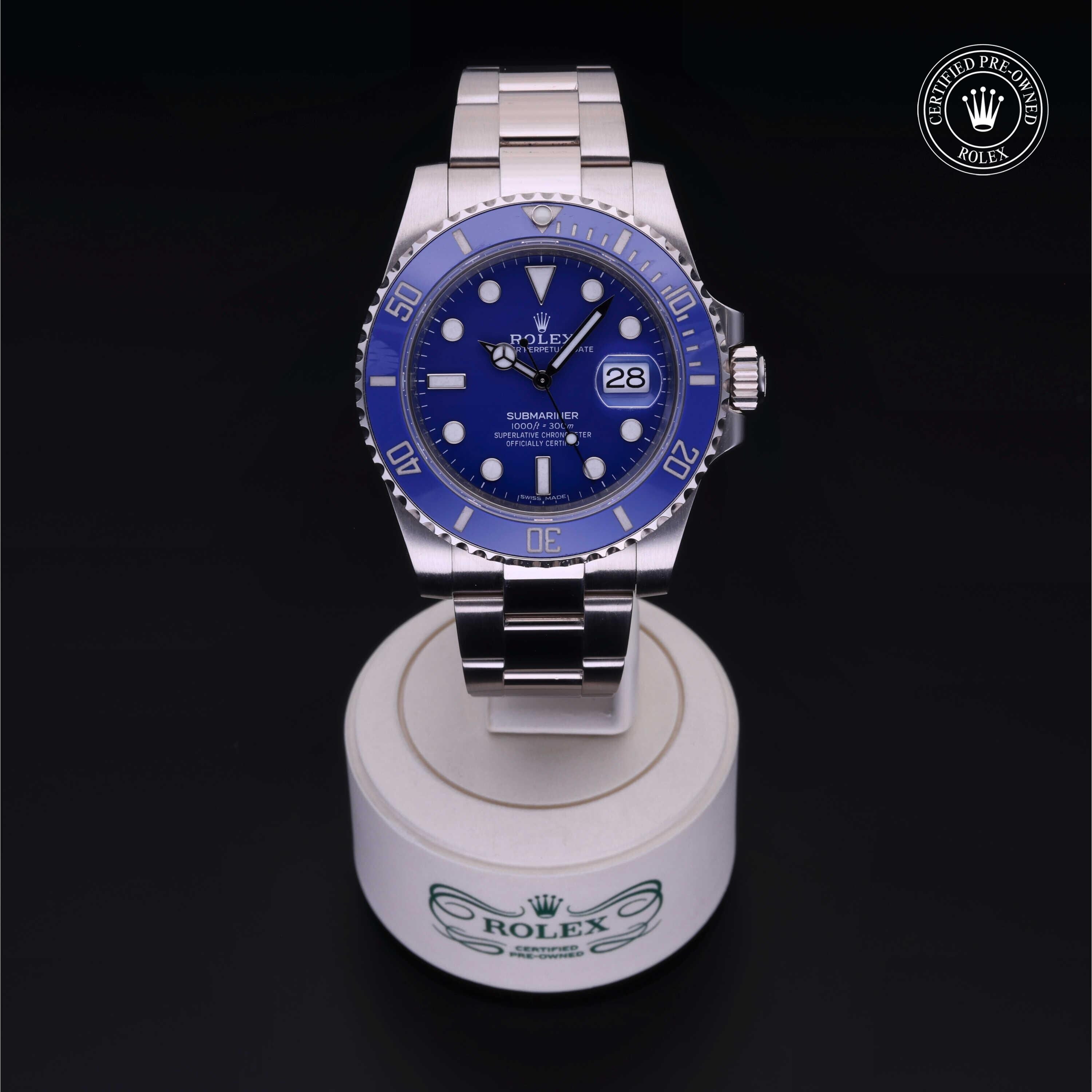 Rolex Certified Pre-owned Submariner M116619LB-0001 front on black background
