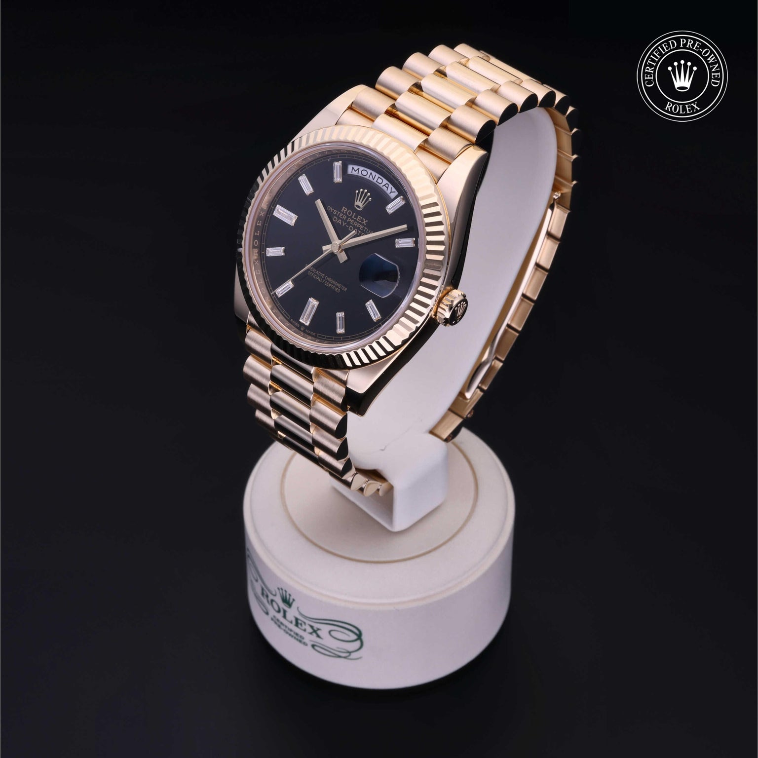 Rolex Certified Pre-owned Day-date M228238-0008 front on black background