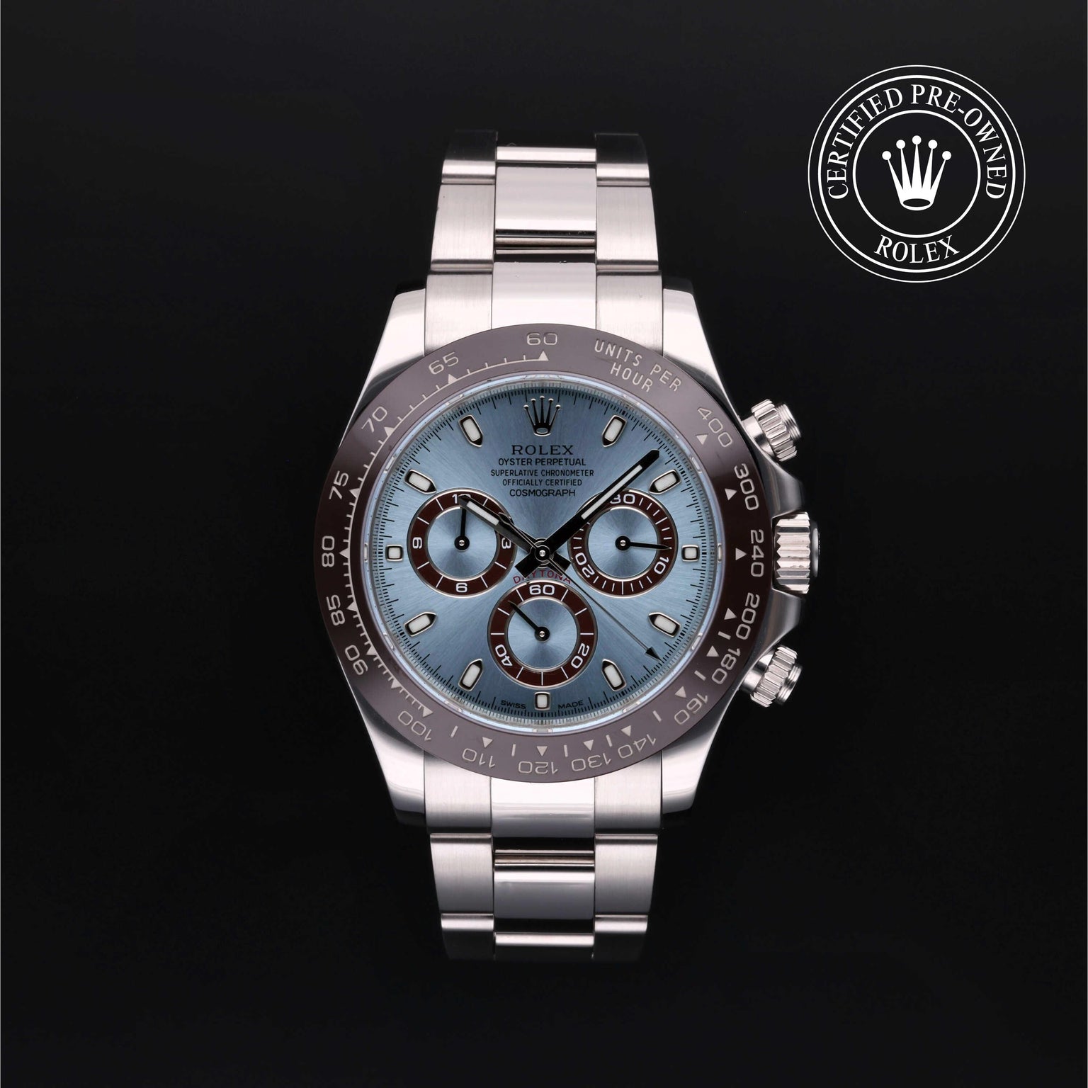 Rolex Certified Pre-owned Daytona M116506-0001 front on black background