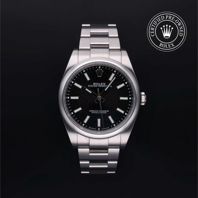 Rolex Certified Pre-owned Oyster Perpetual M114300-0005 front on black background