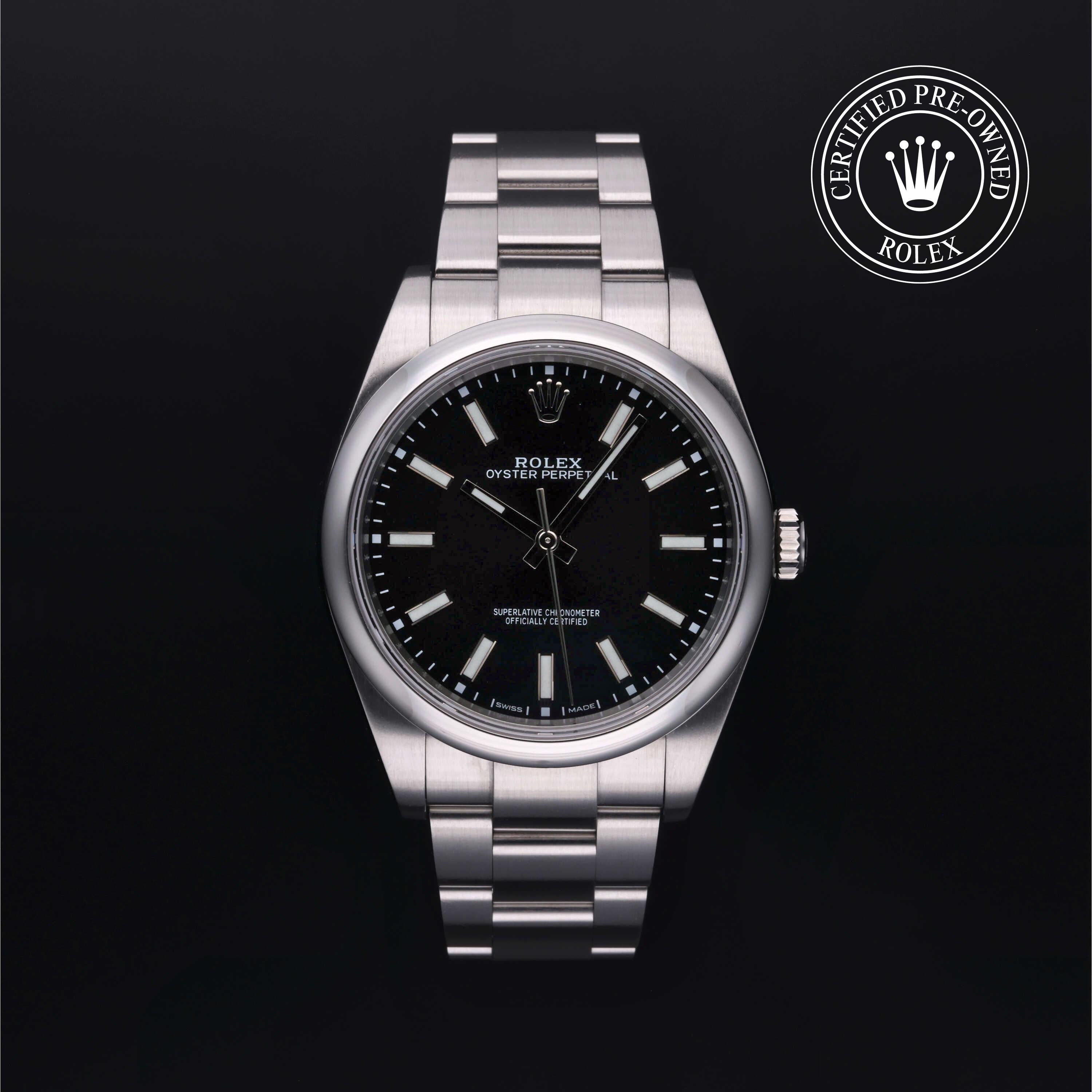 Rolex Certified Pre-owned Oyster Perpetual M114300-0005 front on black background