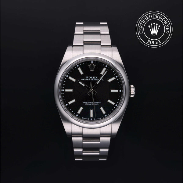 Rolex Certified Pre-owned Oyster Perpetual M114300-0005 front on black background