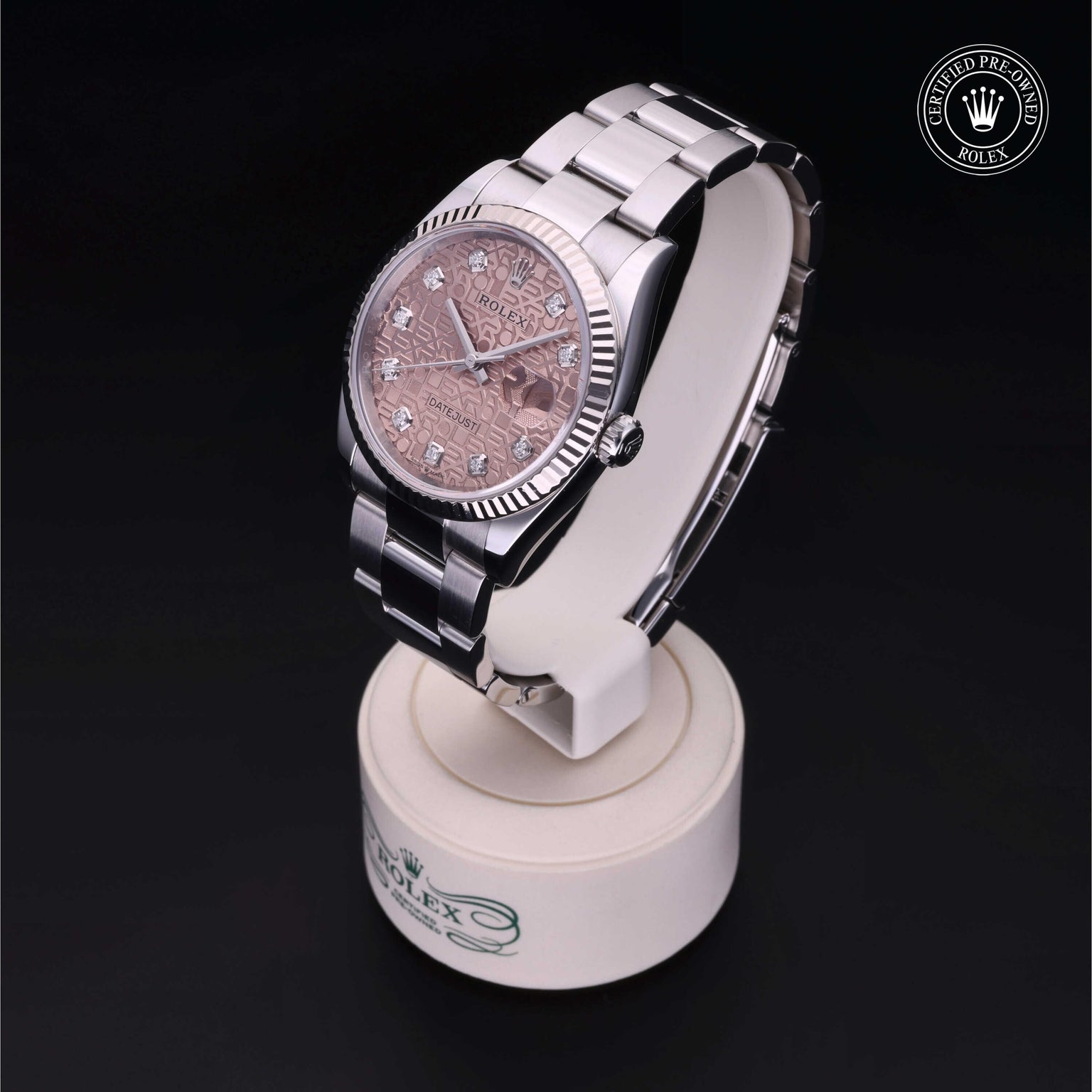 Rolex Certified Pre-owned Datejust M126234-0023 front on black background