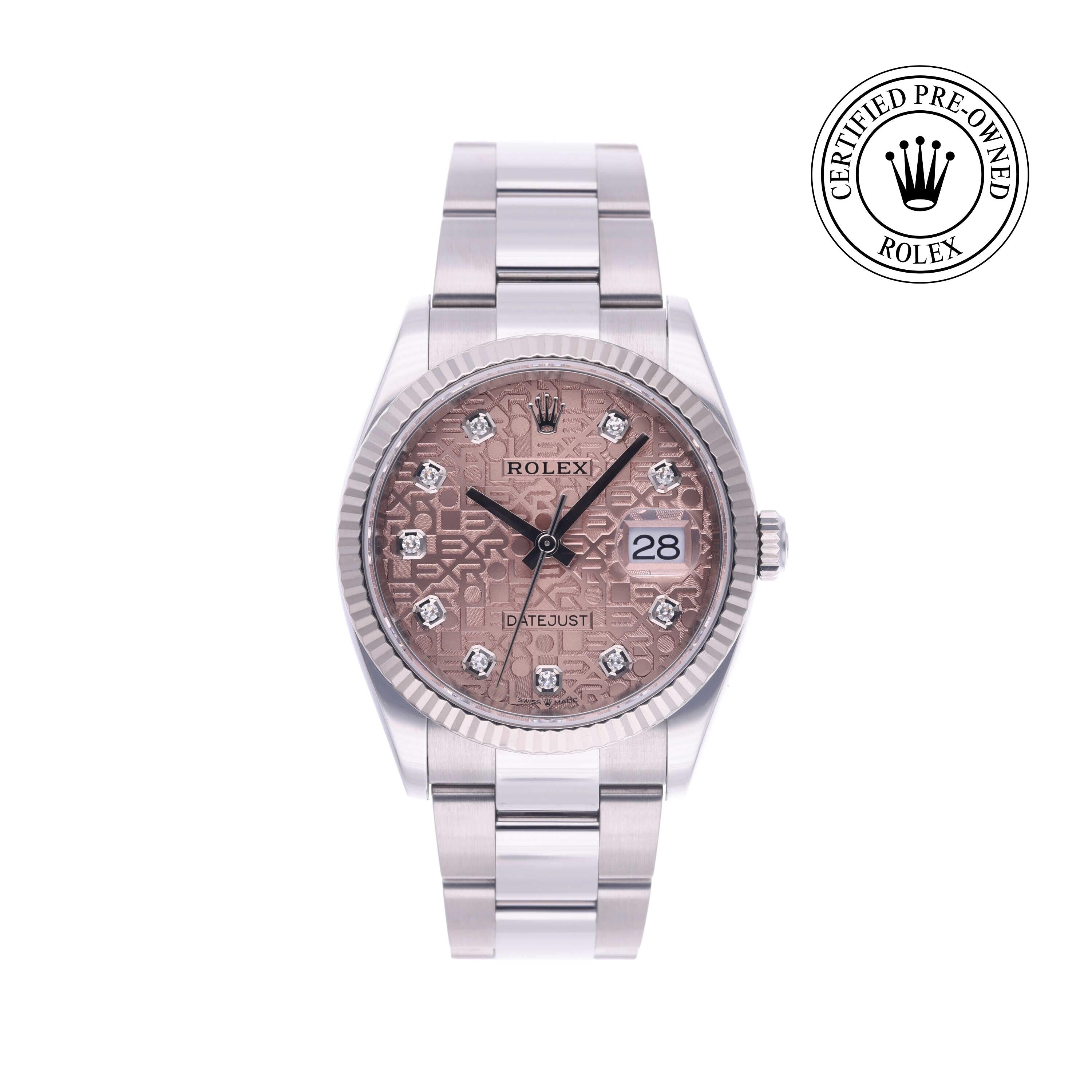 Rolex Certified Pre-owned Datejust M126234-0023 front on white background