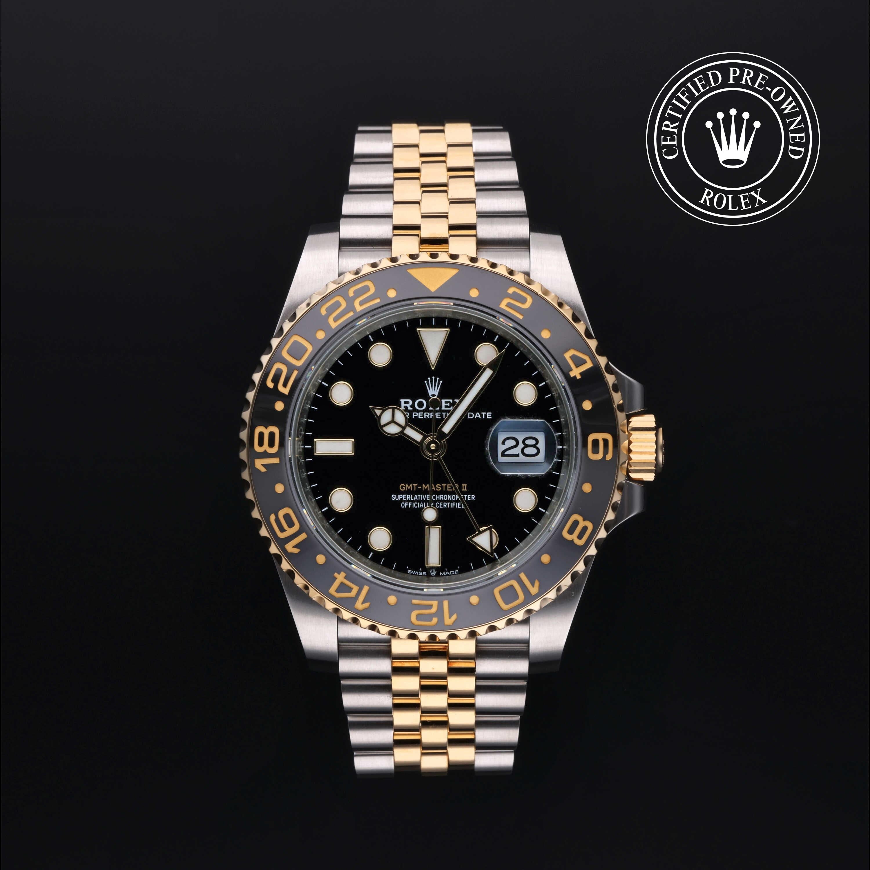 Rolex Certified Pre-owned GMT M126713GRNR-0001 front on black background