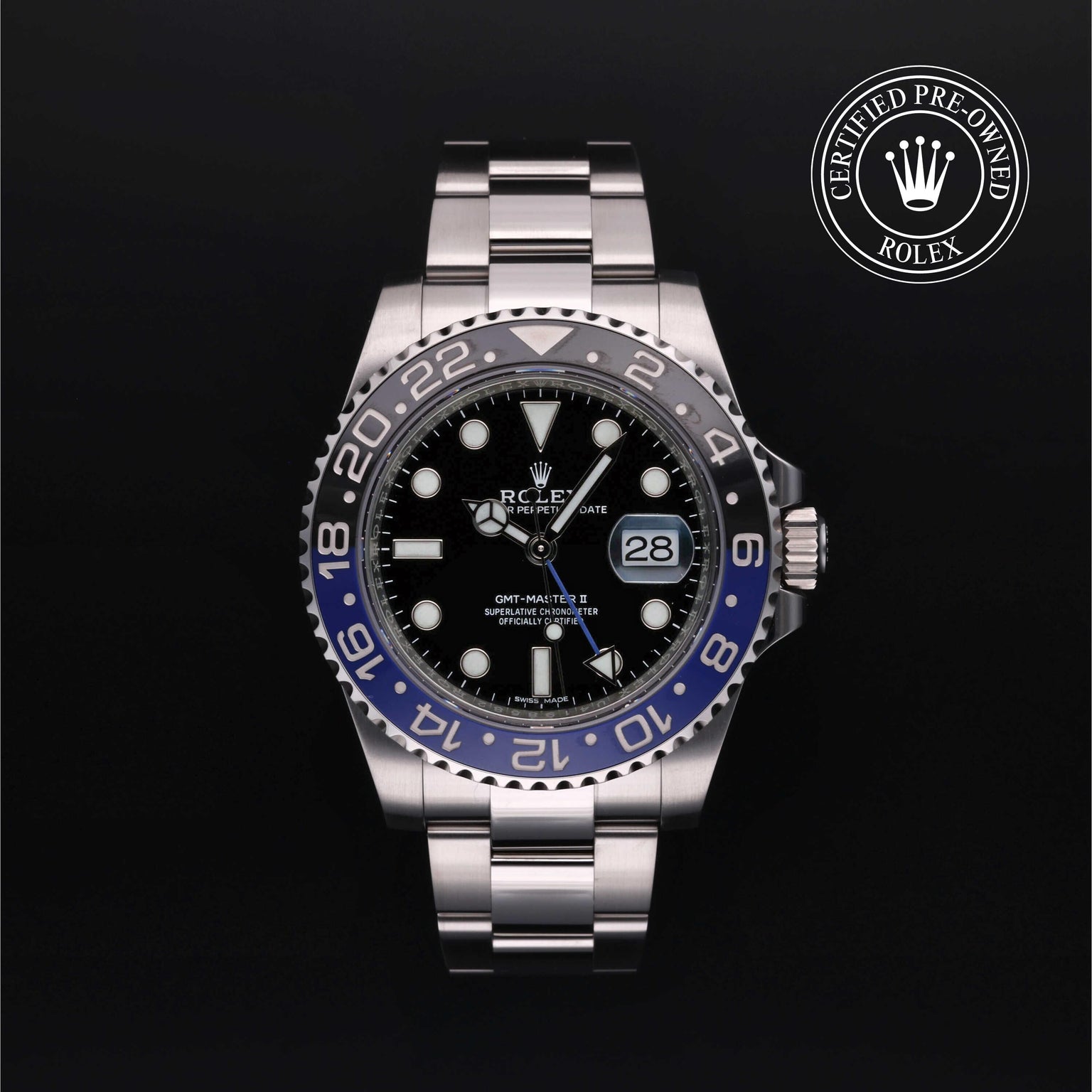 Rolex Certified Pre-owned GMT M116710BLNR-0002 front on black background