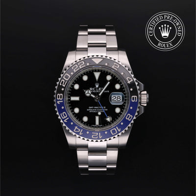 Rolex Certified Pre-owned GMT M116710BLNR-0002 front on black background