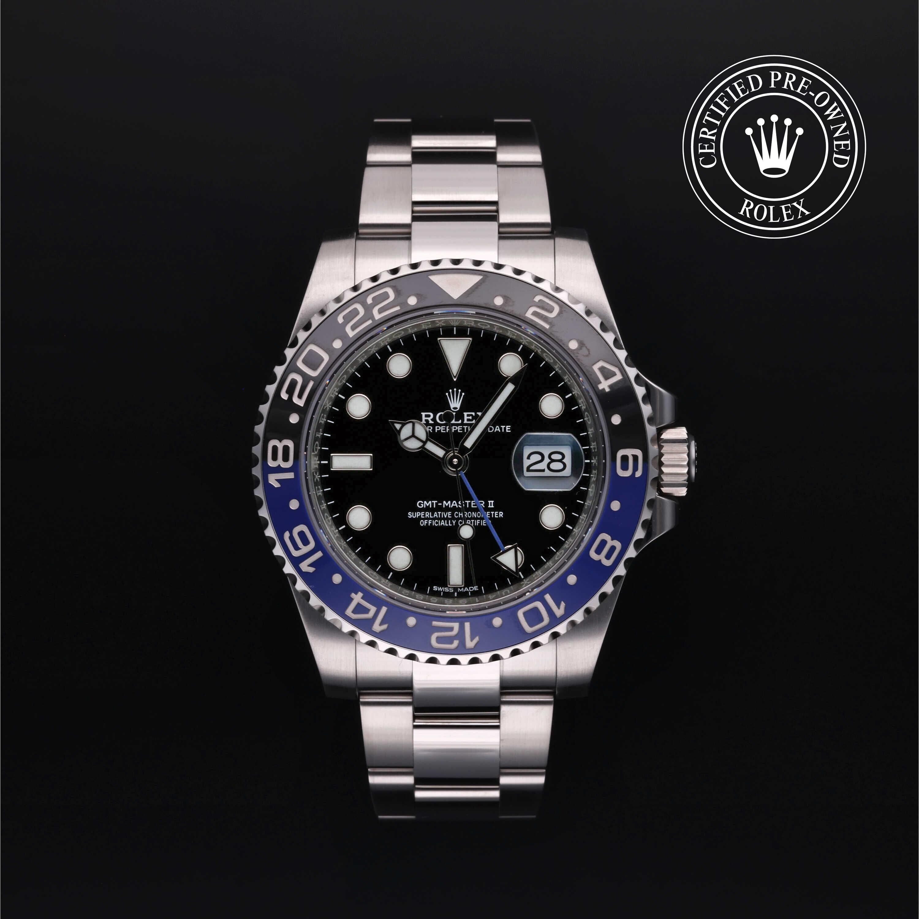 Rolex Certified Pre-owned GMT M116710BLNR-0002 front on black background
