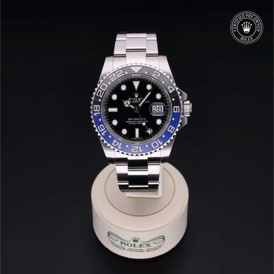 Rolex Certified Pre-owned GMT M116710BLNR-0002 front on black background