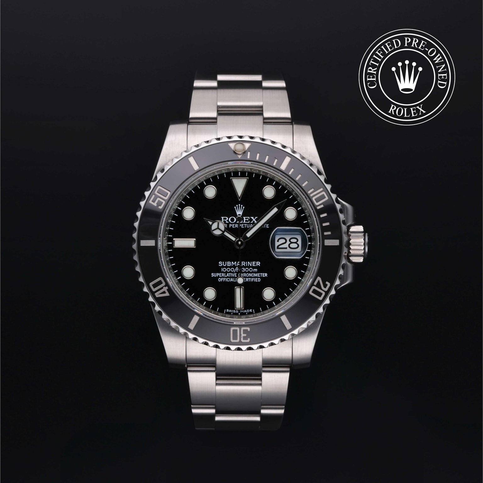 Rolex Certified Pre-owned Submariner M116610LN-0001 front on black background