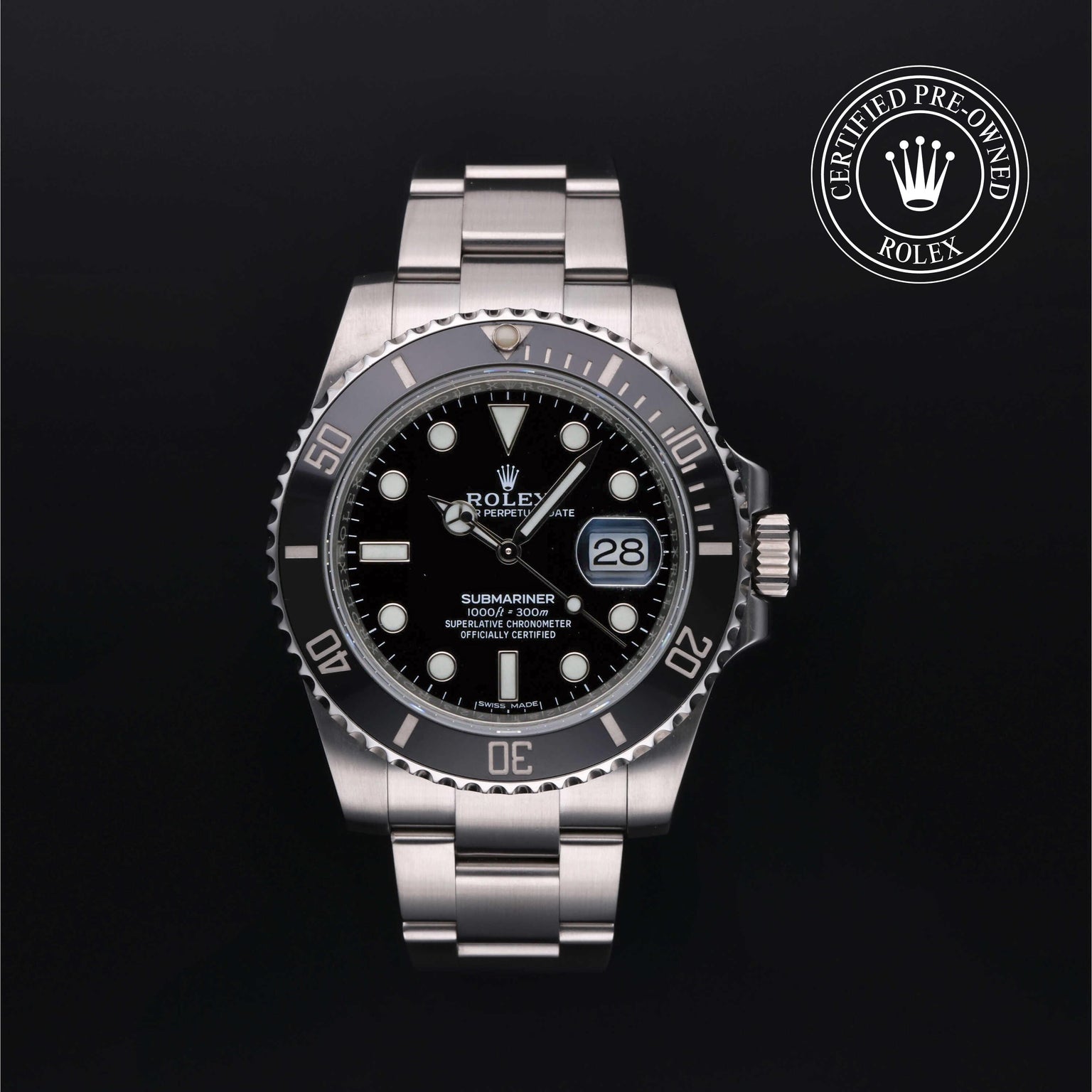 Rolex Certified Pre-owned Submariner M116610LN-0001 front on black background