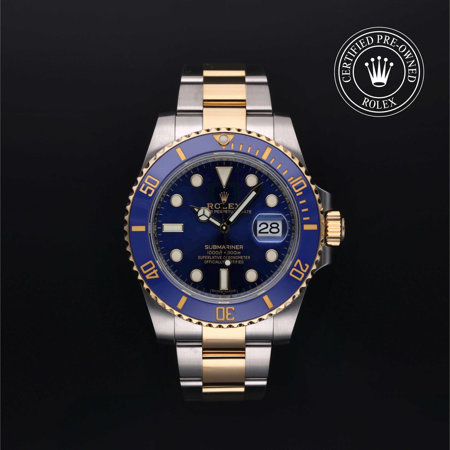 Rolex Certified Pre-owned Submariner M116613LB-0005 front on black background