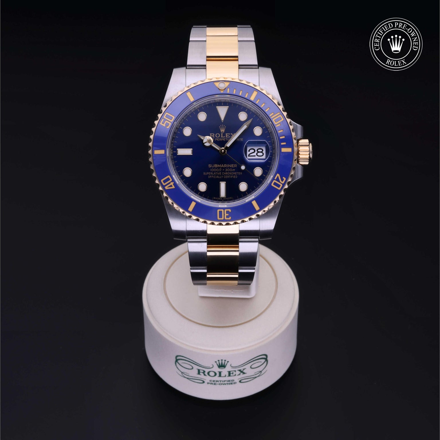 Rolex Certified Pre-owned Submariner M116613LB-0005 front on black background
