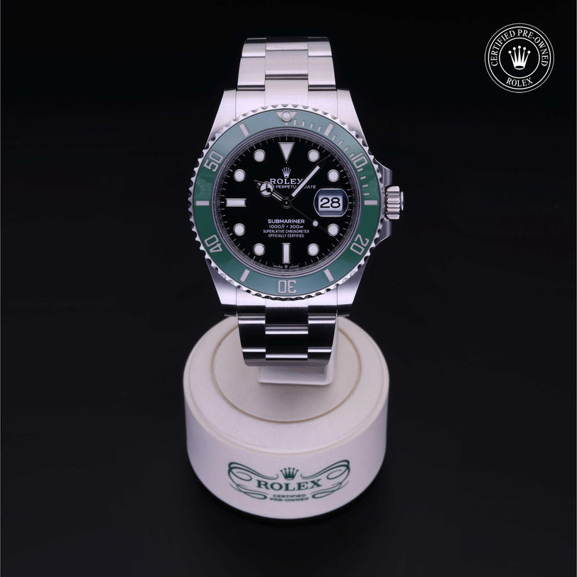 Rolex Certified Pre-owned Submariner M126610LV-0002 front on black background